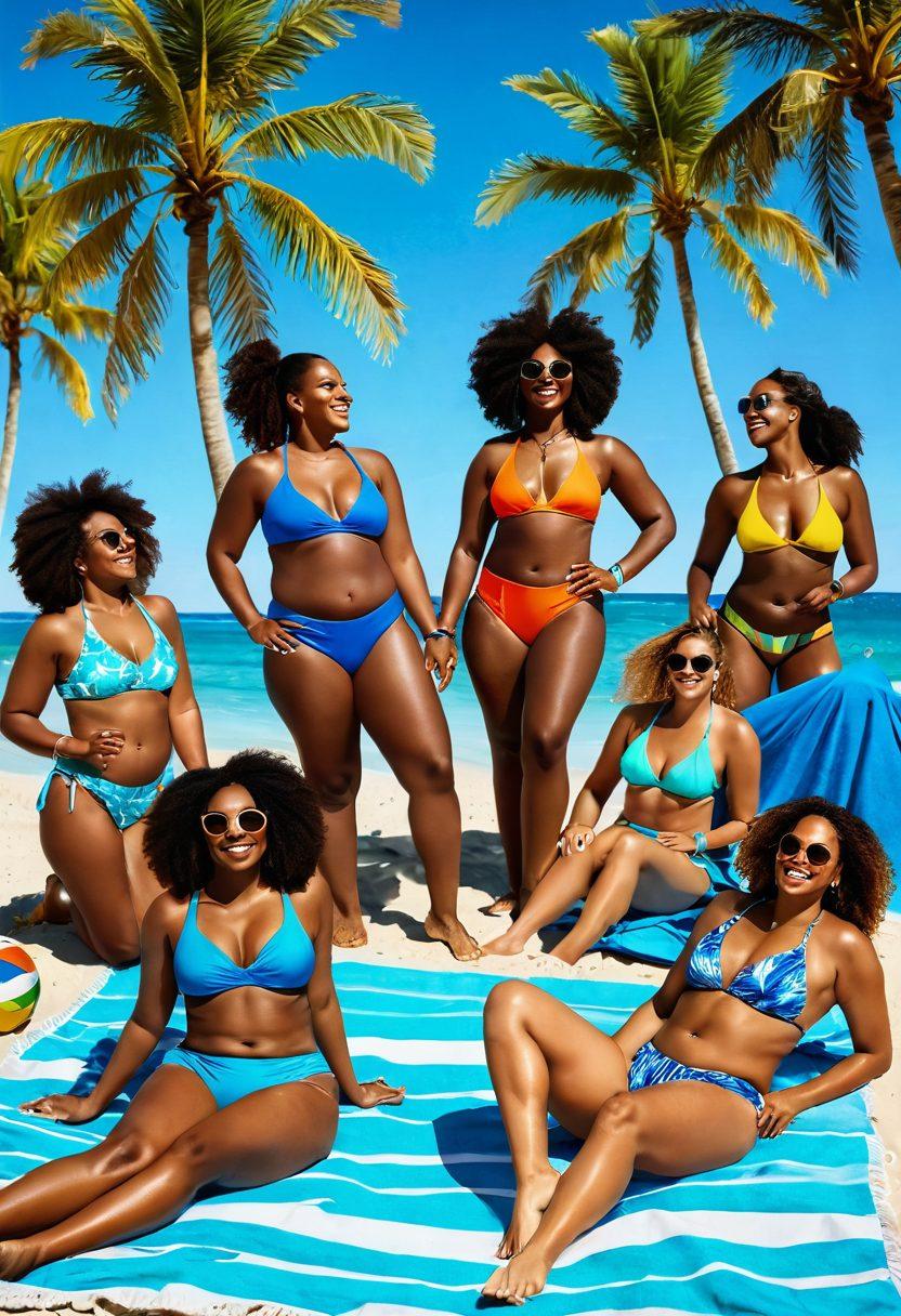 A diverse group of confident individuals of various body types joyfully enjoying a sunny beach day in stylish, trendy swimwear. They are lounging on colorful beach towels, laughing and playing beach volleyball, showcasing a celebration of body positivity. Include vibrant tropical scenery with palm trees and a bright blue sky, emphasizing a sunny atmosphere. super-realistic. vibrant colors.