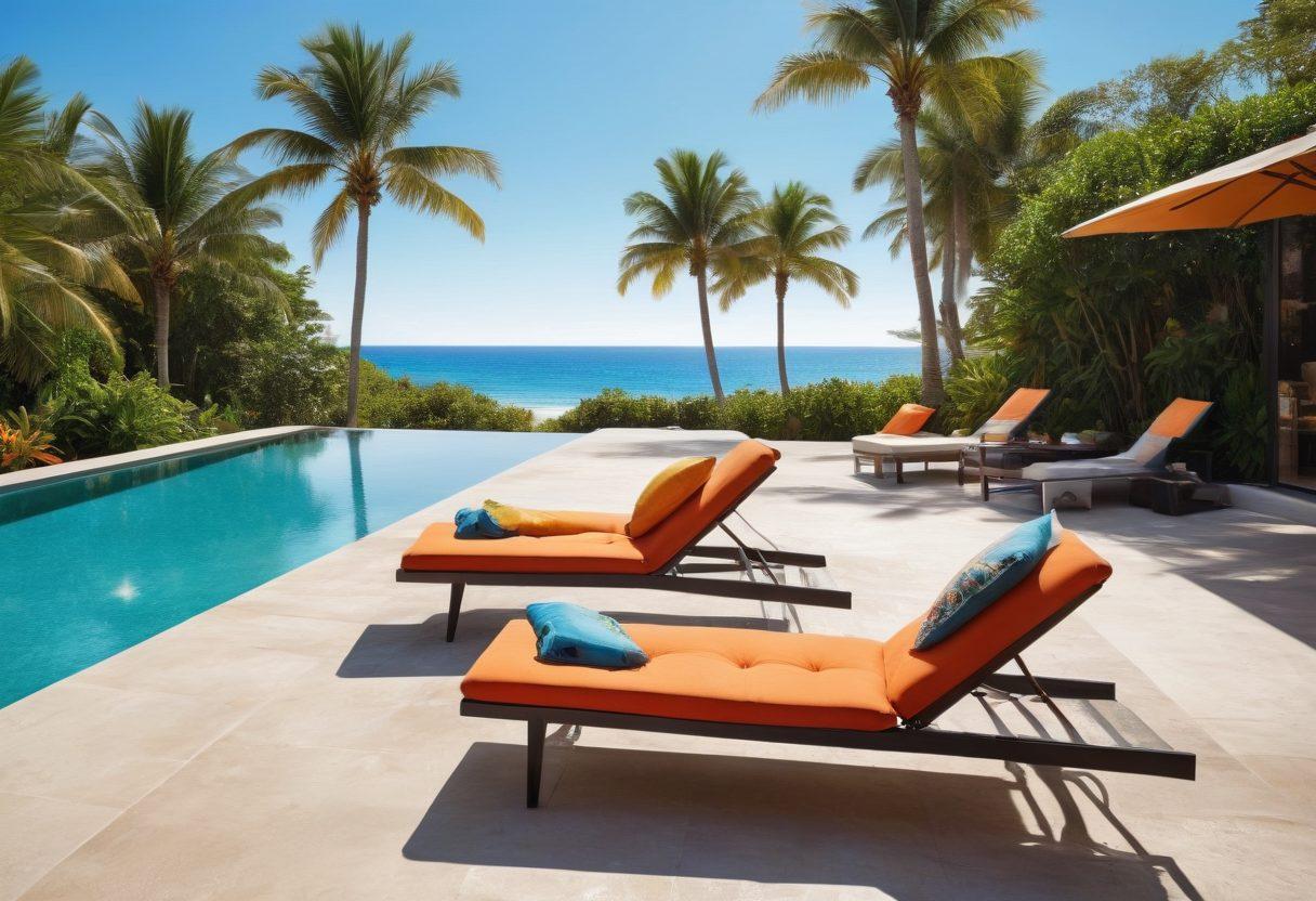 An inviting scene featuring a stylish poolside with a luxurious infinity pool blending into a vibrant beachfront. Showcase an array of trendy swimwear laid out artistically on lounge chairs, complemented by sun hats, sunglasses, and tropical drinks. Lush palm trees sway gently in the background under a bright blue sky, capturing the essence of summer relaxation and fashion. The atmosphere should be lively and enticing, perfect for summer vibes. super-realistic. vibrant colors. high detail.